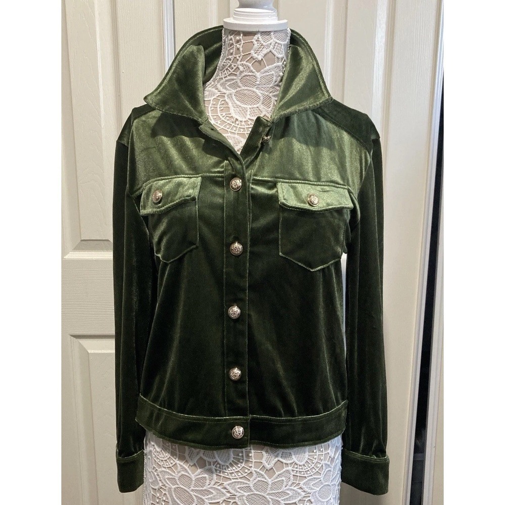 Olive Green Velvet Shacket Jacket Womens Large Button Front Long Sleeve Chic